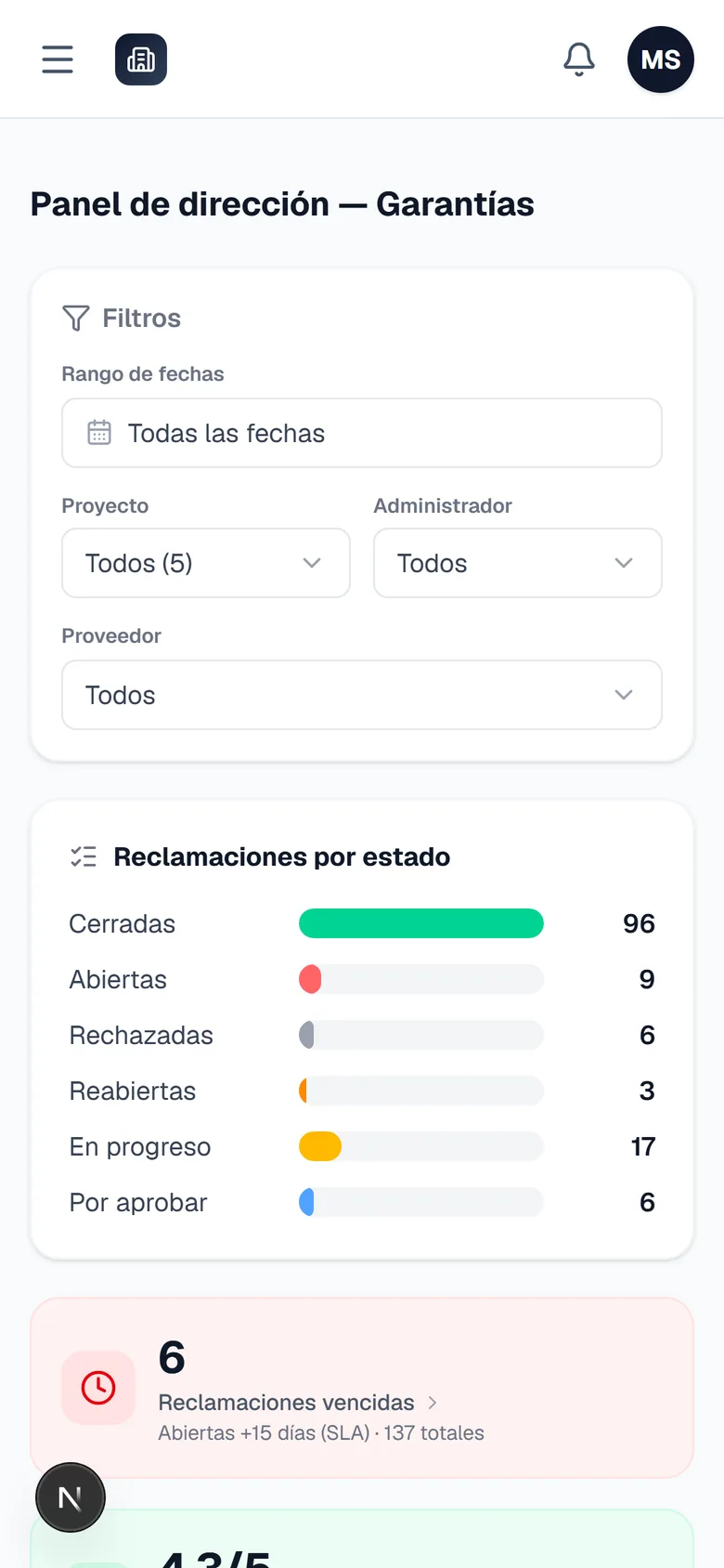 El panel de todo en obras en la pantalla de un celular