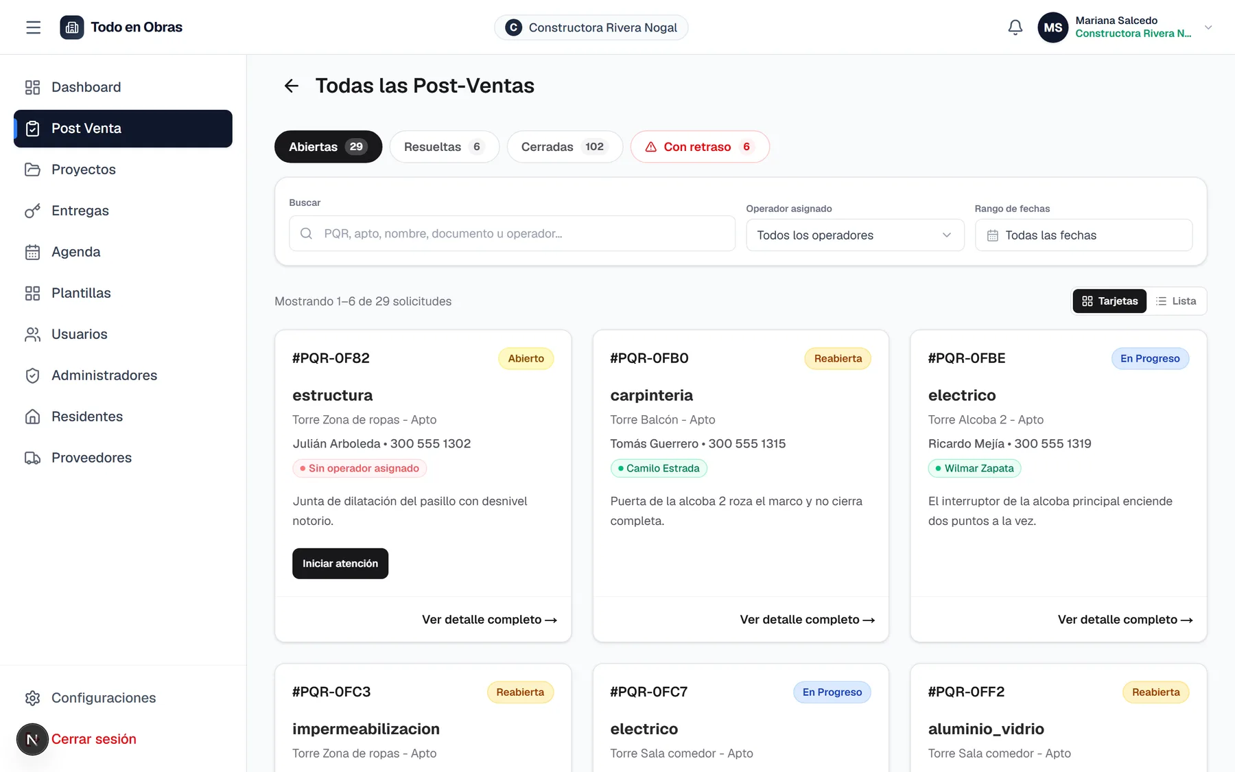 Listado de post-ventas con pestañas de abiertas, resueltas, cerradas y con retraso
