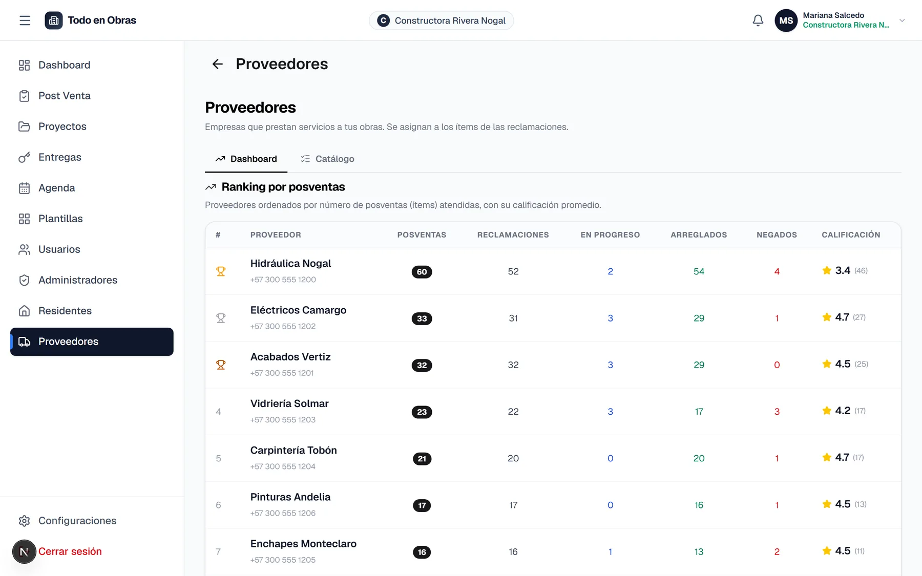 Pantalla de ranking de proveedores dentro del producto